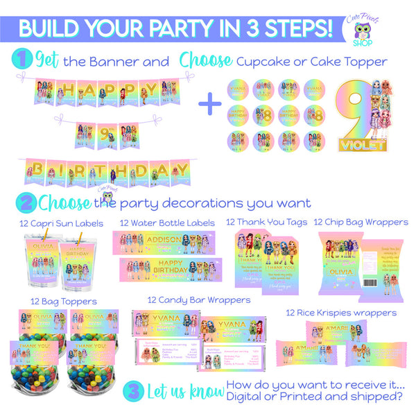 Rainbow High Party decorations to build your party in three steps. Includes, Banner topper for you Cake or Cupcakes and the party decorations you want to choose. Pastel colors