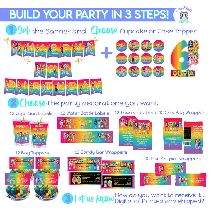 Rainbow High Party decorations to build your party in three steps. Includes, Banner topper for you Cake or Cupcakes and the party decorations you want to choose.