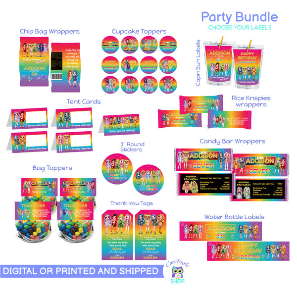 Rainbow High Dolls Party Bundle, Rainbow High Party Labels for you to choose, mix and make your own Party Package. Receive digital or printed and shipped. Includes Chip Bag Wrappers, Cupcake Toppers, Capri Sun Labels, Water Bottle Labels, Rice Krispies Wrappers, Tent Cards, Thank You Tags, Round Stickers. All with a Rainbow high background and Rainbow High Dolls