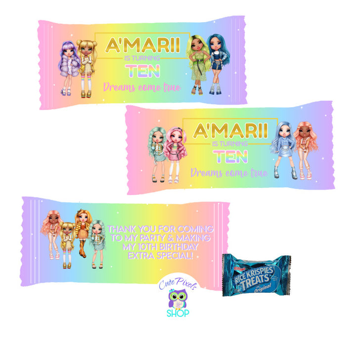 Rainbow High Dolls Rice Krispies Wrappers, to be used as party favors and decor your Rainbow High Birthday party. Rainbow background with Rainbow High Dolls and child's name as Rainbow high logo. Rainbow high in Pastel Colors