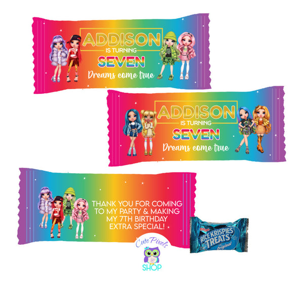 Rainbow High Dolls Rice Krispies Wrappers, to be used as party favors and decor your Rainbow High Birthday party. Rainbow background with Rainbow High Dolls and child's name as Rainbow high logo