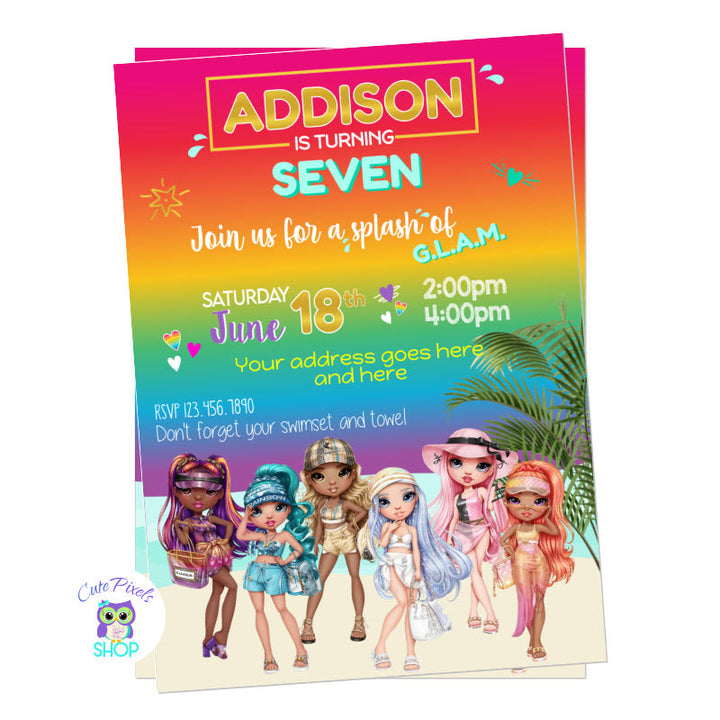 Rainbow High Dolls invitation for a summer party or pool party, with the pacific coast Rainbow High dolls in beachwear and swimsuit.
