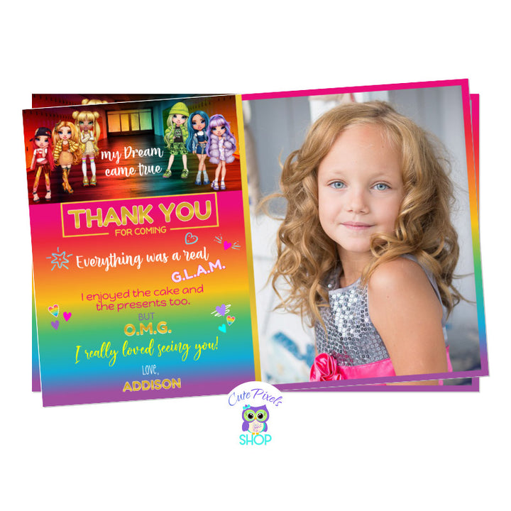 Rainbow High Dolls Thank You Card. Rainbow High Dolls at the top and a rainbow background at the bottom with a thank you text. Includes child's photo