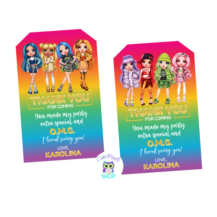 Rainbow High Thank You Tags, Rainbow High Dolls Favor tags to decorate your Rainbow High Birthday Party Favors