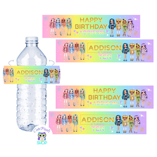 Rainbow High Water Bottle labels to be used as party favors and party decorations for your Rainbow High Dolls Birthday Party. Rainbow High Dolls in Pastel Colors.