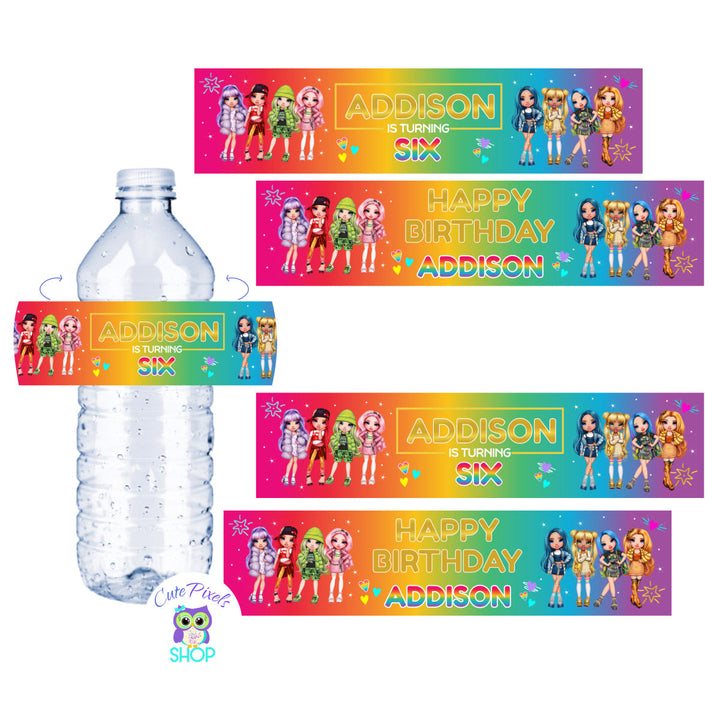 Rainbow High Water Bottle labels to be used as party favors and party decorations for your Rainbow High Dolls Birthday Party.