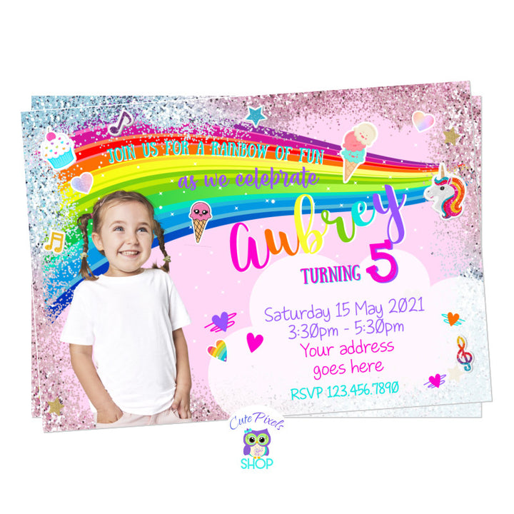 Rainbow Invitation full of colors, glitter, hearts, ice creams, musical notes and clouds. Perfect for your little one rainbow birthday party!