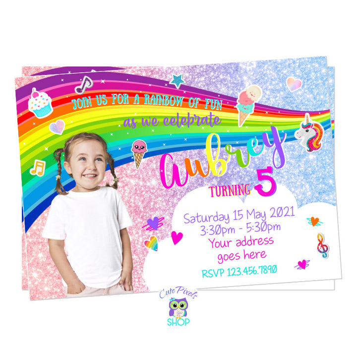 Rainbow Invitation full of colors, glitter, hearts, ice creams, musical notes and clouds. Perfect for your little one rainbow birthday party!