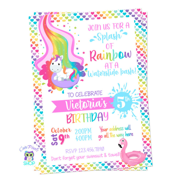 Rainbow, Unicorns and Waterslide Invitation. Rainbow colorful hearts background with a waterslide of rainbow, a unicorn and flamingo in a swimming float. perfect for a waterslide bash and a summer birthday party