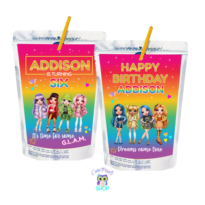 Rainbow High Capri Sun labels to be used as party favors and party decorations for your Rainbow High Dolls Birthday Party.
