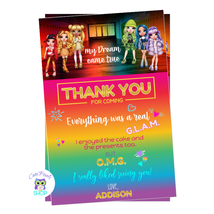 Rainbow High Dolls Thank You Card. Rainbow High Dolls at the top and a rainbow background at the bottom with a thank you text 