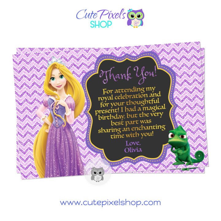 Rapunzel Birthday Thank You card. Disney Princess invitation with Rapunzel and Pascal. Tangled Thank You card