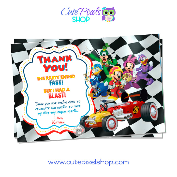 Mickey Mouse Roadster Racers thank you card with Mickey, Goofy, Donald, Daisy and Minnie as Racers. Mickey Design