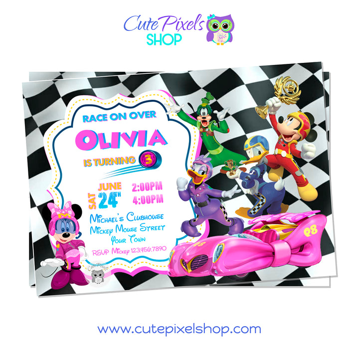 Mickey Mouse Roadster Racers Invitation with Mickey, Goofy, Donald, Daisy and Minnie as Racers. Minnie Design