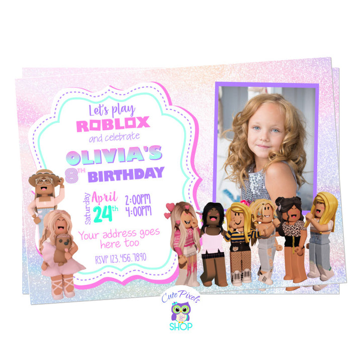 Roblox Invitation for a Roblox Birthday party, pink and glitter background perfect for a girl invitation who loves roblox. Includes child's photo.