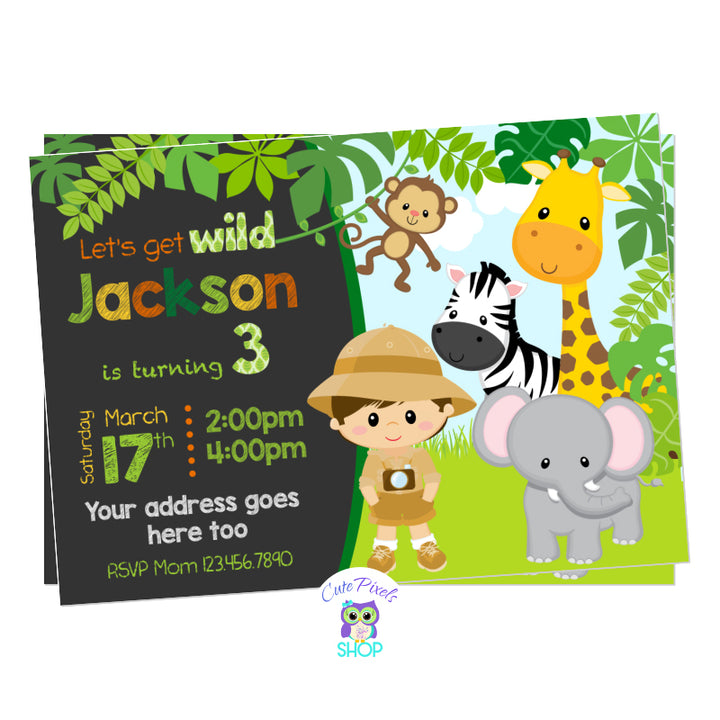Safari Boy Invitation with cute wild animals: a Giraffe, Zebra, Elephant, Monkey and a cute Safari boy in the Jungle