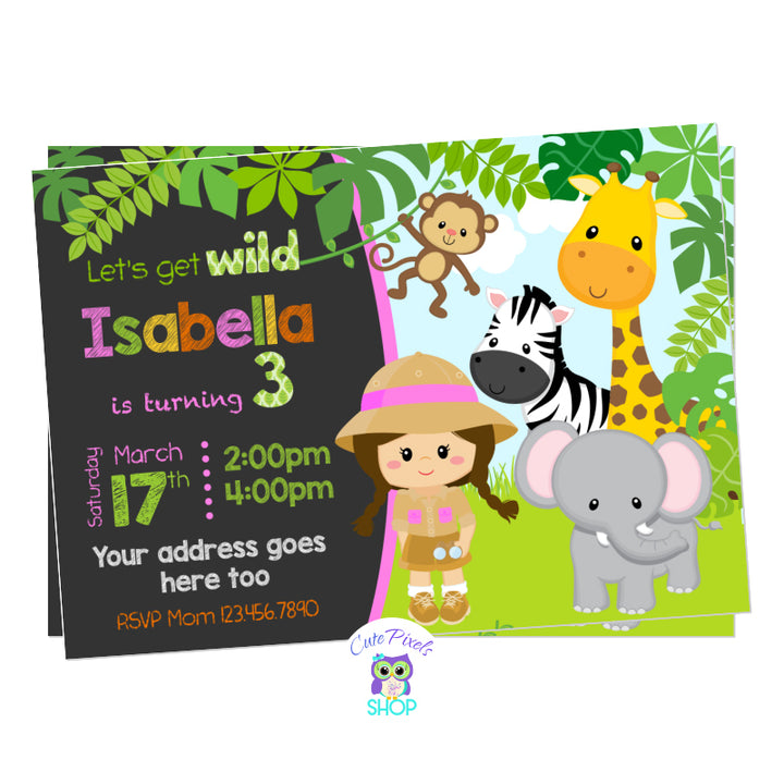 Safari Girl Invitation with cute wild animals: a Giraffe, Zebra, Elephant, Monkey and a cute Safari girl in the Jungle