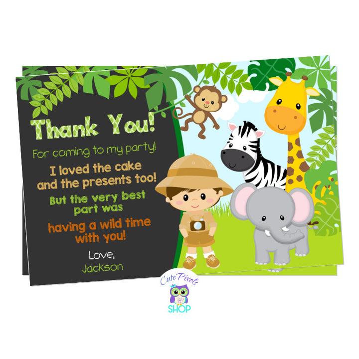 Safari Boy Thank You Card with cute wild animals: a Giraffe, Zebra, Elephant, Monkey and a cute Safari boy in the Jungle