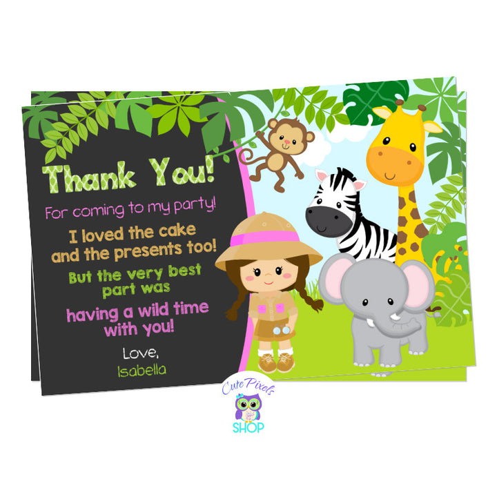 Safari Girl Thank You card with cute wild animals: a Giraffe, Zebra, Elephant, Monkey and a cute Safari girl in the Jungle