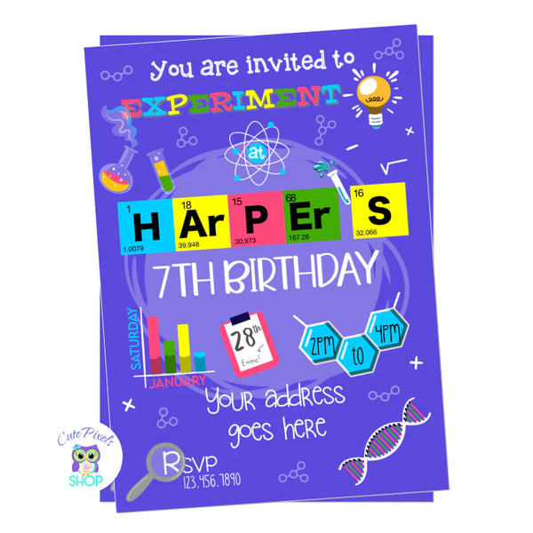 Science Invitation, Science Party Invitation with many science elements, name as periodic table, experiment, math and science symbols. Perfect for a science birthday party. Purple background