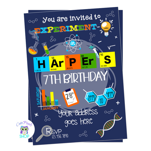 Science Invitation, Science Party Invitation with many science elements, name as periodic table, experiment, math and science symbols. Perfect for a science birthday party. Blue background