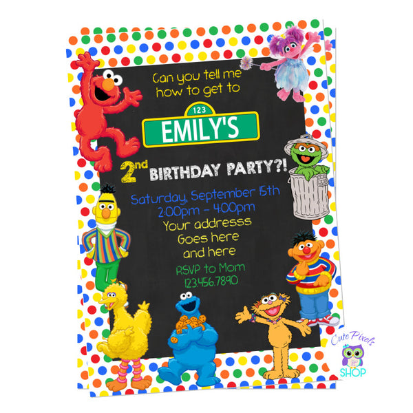 Sesame Street Birthday Invitation with multicolored dots and chalkboard background, having Elmo, Bert. Ernie, Abby, Zoe, Cookie Monster, Big Bird and Oscar