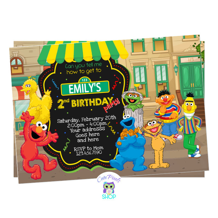 Sesame Street Birthday Invitation in a Sesame Street neighborhood background, having Elmo, Bert. Ernie, Abby, Zoe, Cookie Monster, Big Bird and Oscar