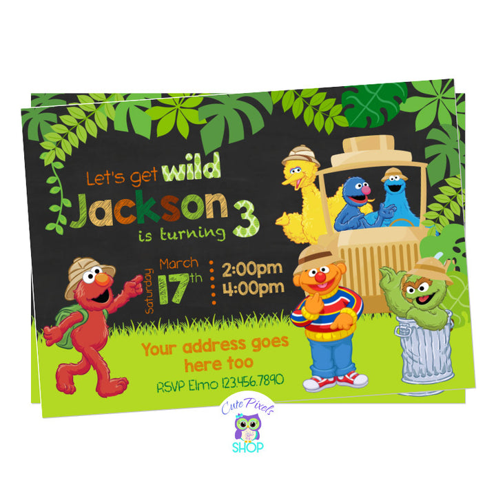 Sesame street safari birthday invitation with Elmo, Cookie Monster, Big Bird, Grover, Ernie and Oscar ready for a Safari