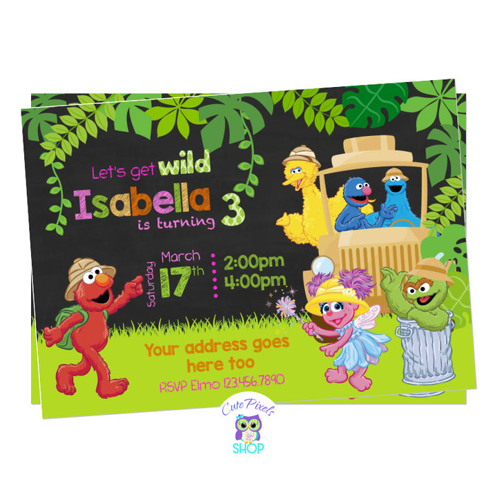 Sesame street safari birthday invitation with Elmo, Cookie Monster, Big Bird, Grover, Abby and Oscar ready for a Safari