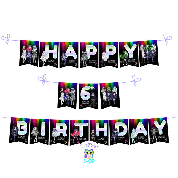 Rainbow High Dolls Birthday Banner, with the Shadow High Dolls. Flags in rainbow and black background with many Shadow High Dolls.