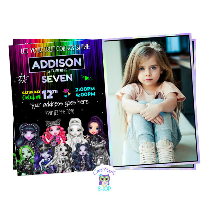 Shadow High Dolls Invitation from Rainbow High Dolls with all Shadow High Dolls at the bottom and a black and rainbow background with party info, full of color, fashion and style. A dream come true for a Rainbow High Dolls Birthday Party. Includes child's photo