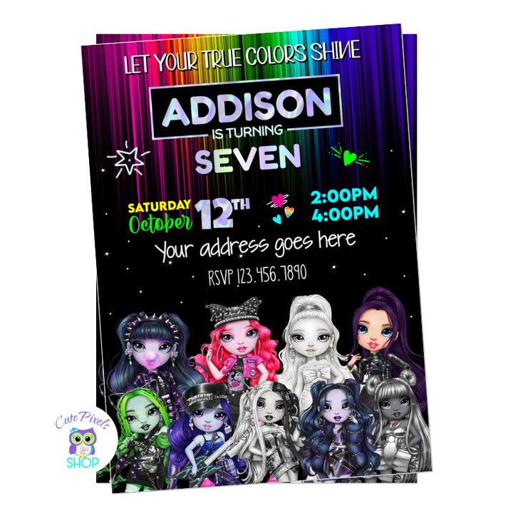 Shadow High Dolls Invitation from Rainbow High Dolls with all Shadow High Dolls at the bottom and a black and rainbow background with party info, full of color, fashion and style. A dream come true for a Rainbow High Dolls Birthday Party