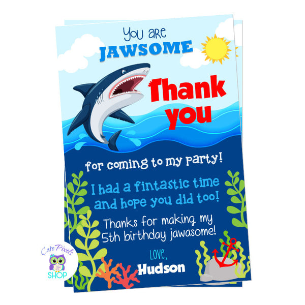 Shark Thank You Card for a jawsome birthday party. A sea background with a shark going out of water and child's name with a shark bite