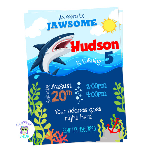 Shark invitation for a jawsome birthday party. A sea background with a shark going out of water and child's name with a shark bite
