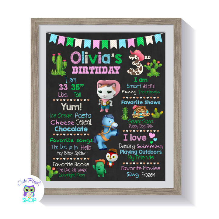 Sheriff Callie Birthday sign, Sheriff Callie chalkboard sign with milestones for child. Cute Sheriff Callie, Sparky, Toby and Deputy Peck in a chalkboard background with pink, turquoise, green and cute cactus, framed