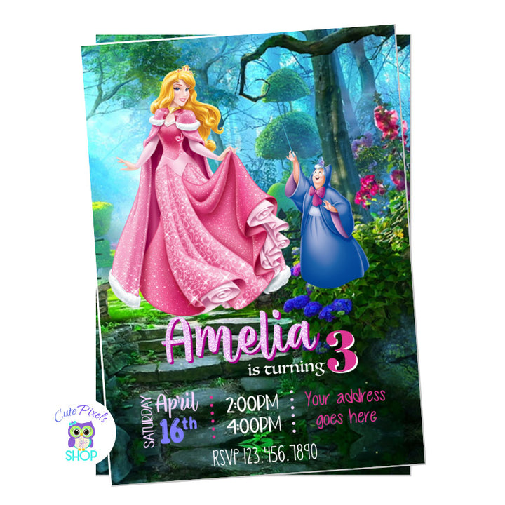 Princess Aurora Invitation, Sleeping Beauty invitation. Disney Princess Invitation with Aurora the sleeping beauty and the Fairy Godmother. Portrait design