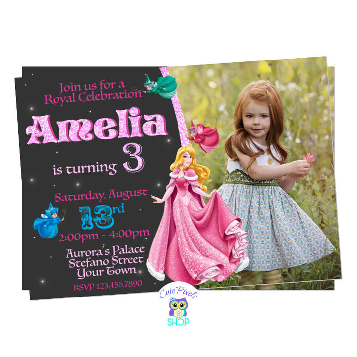 Sleeping Beauty invitation with Princess Aurora and the three Fairies, perfect for a Princess Birthday party! Full of pinks and some blue! Includes child's photo