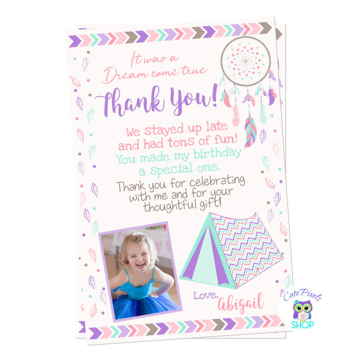 Slumber party thank you card for a sleepover, teppe and dream catcher birthday. Includes child's photo