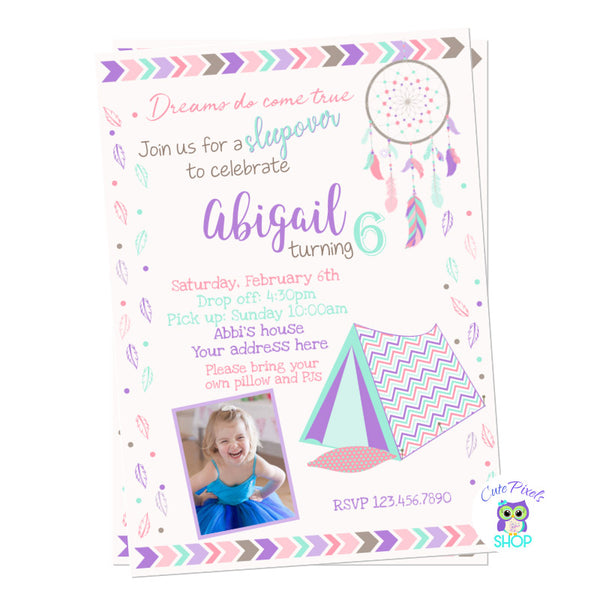 Slumber party Invitation, Dream Catcher birthday, Teepee party, Birthday invitation full of feathers for a sleepover birthday. Includes child's photo