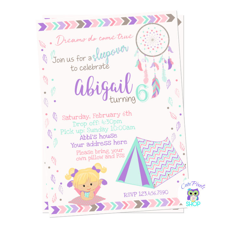Slumber party Invitation, Dream Catcher birthday, Teepee party, Birthday invitation full of feathers for a sleepover birthday