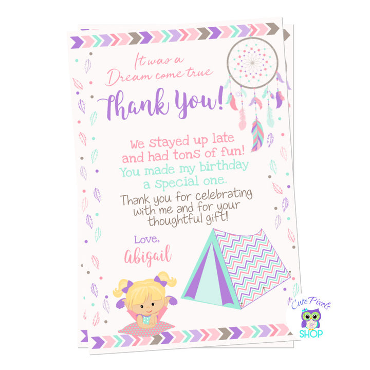 Slumber party thank you card for a sleepover, teppe and dream catcher birthday