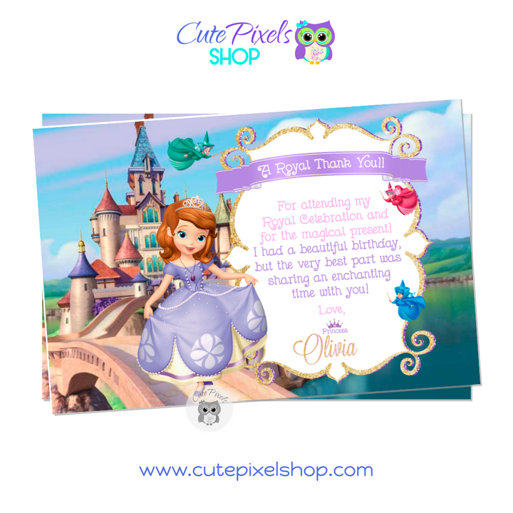 Princess Sofia Thank you card with Sofia the First and her castle at the back. perfect for your princess birthday party.