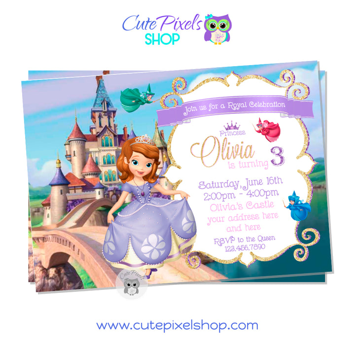 Princess Sofia invitation with Sofia the First and her castle at the back. perfect for your princess birthday party.