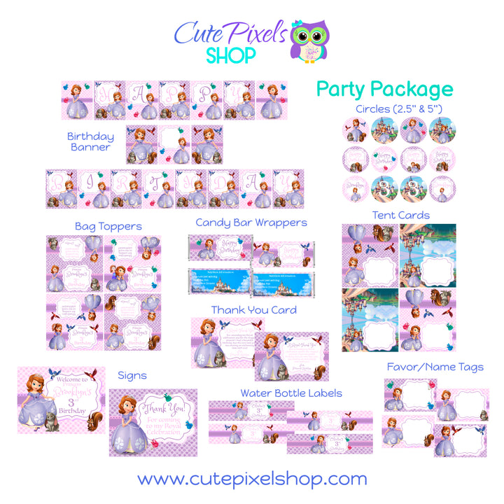Princess Sofia party decorations, includes everything you need for your princess party, banner, bag toppers, cupcake toppers, candy bar wrappers, place cards, signs, water bottle labels and favor tags.