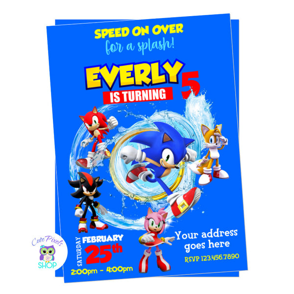 Sonic Invitation perfect for a Video Game party. With Sonic coming out of a water swirl, perfect for a pool or summer party. Shadow, Amy, Tails included.
