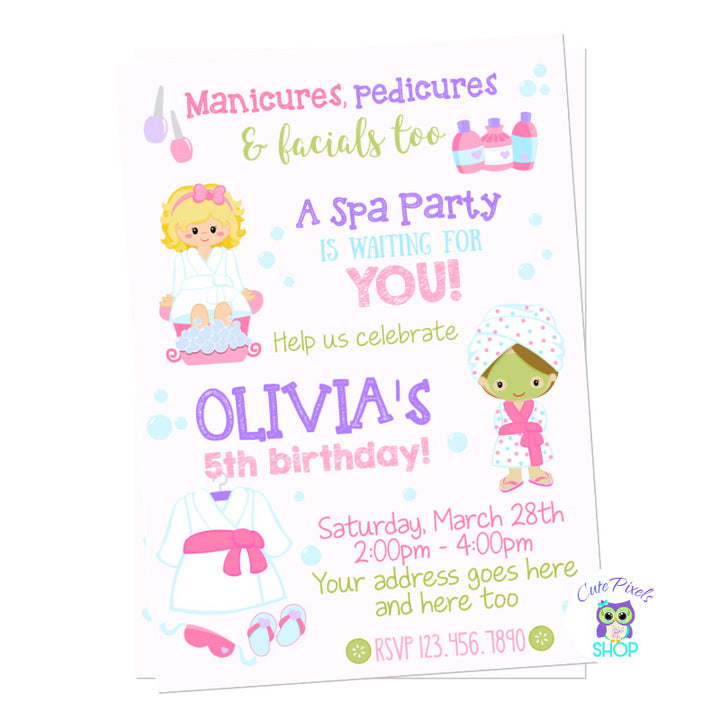 Spa party invitation for a Spa birthday with two cute girls ready for a spa, lots of bubbles nail polishes and all cuties for a spa
