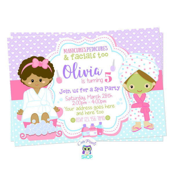 Spa Invitation for a Spa Birthday Party with two girls in a spa outfit and cute colors. Girl with brown hair