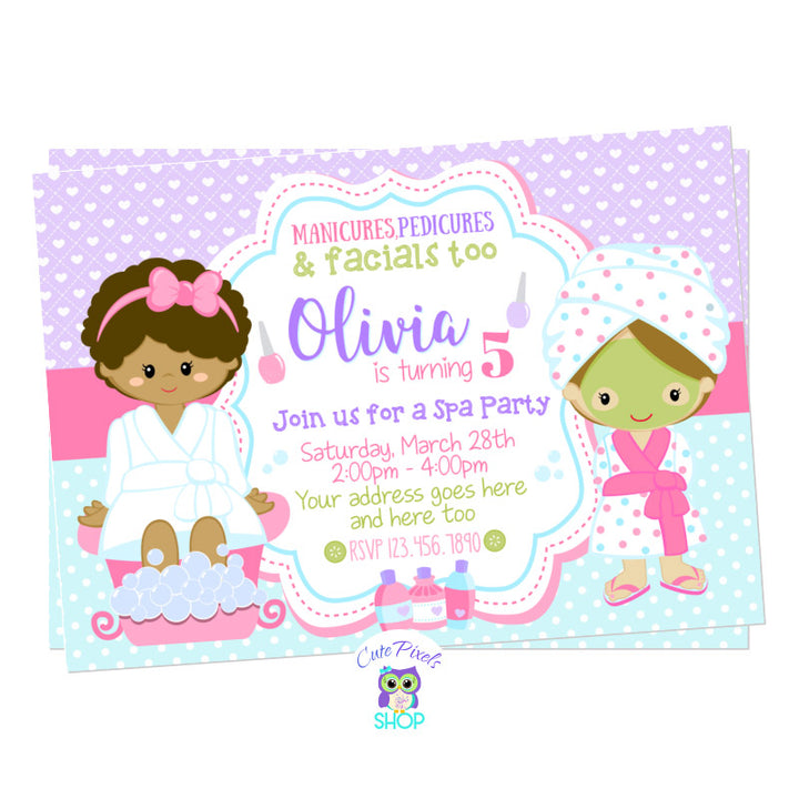 Spa Invitation for a Spa Birthday Party with two girls in a spa outfit and cute colors. Girl with brown hair