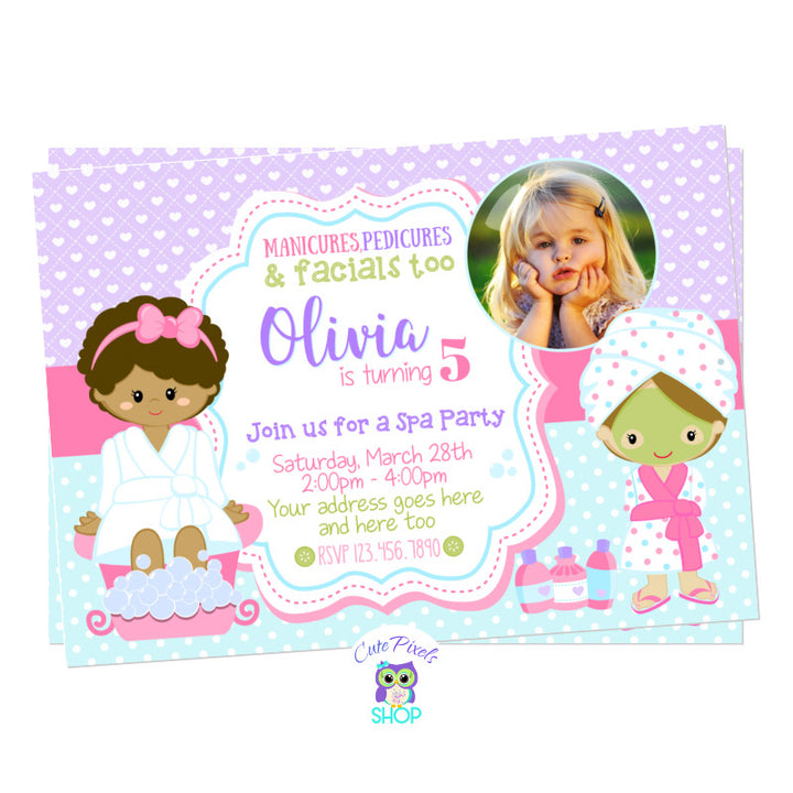Spa Invitation for a Spa Birthday Party with two girls in a spa outfit and cute colors. Includes Child's Photo. Spa girl with brown hair