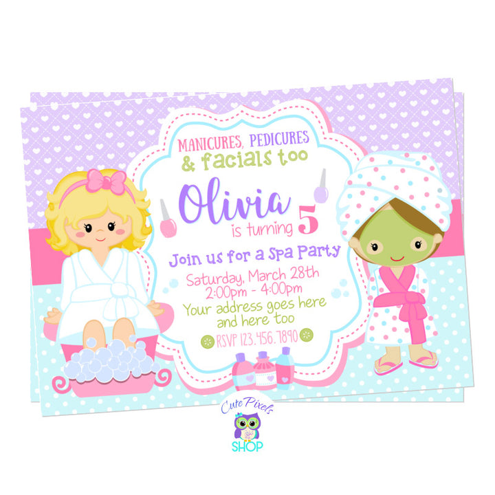Spa Invitation for a Spa Birthday Party with two girls in a spa outfit and cute colors